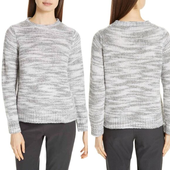 Eileen Fisher Merino Wool Silk Blend Marled Gray Sweater L Cozy Warm Crew $375 - Picture 1 of 15